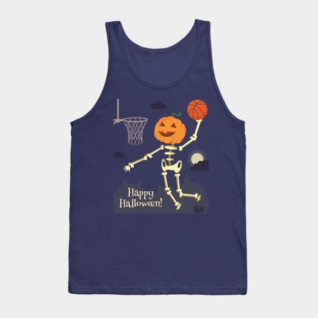 Pumpkin Head Skeleton Slam Dunk Basketball Halloween Tank Top by porcodiseno